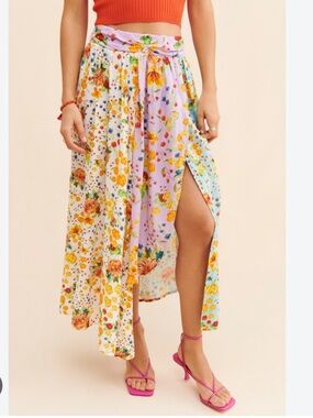 Agua Bendita Sz L Floral Multi-Panel Maxi Skirt Side Slit Purple Boho vacation.